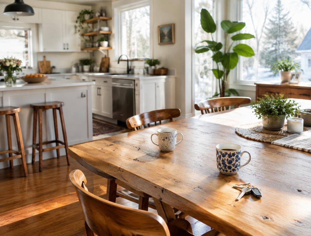 Sunlit kitchen with house keys on the table